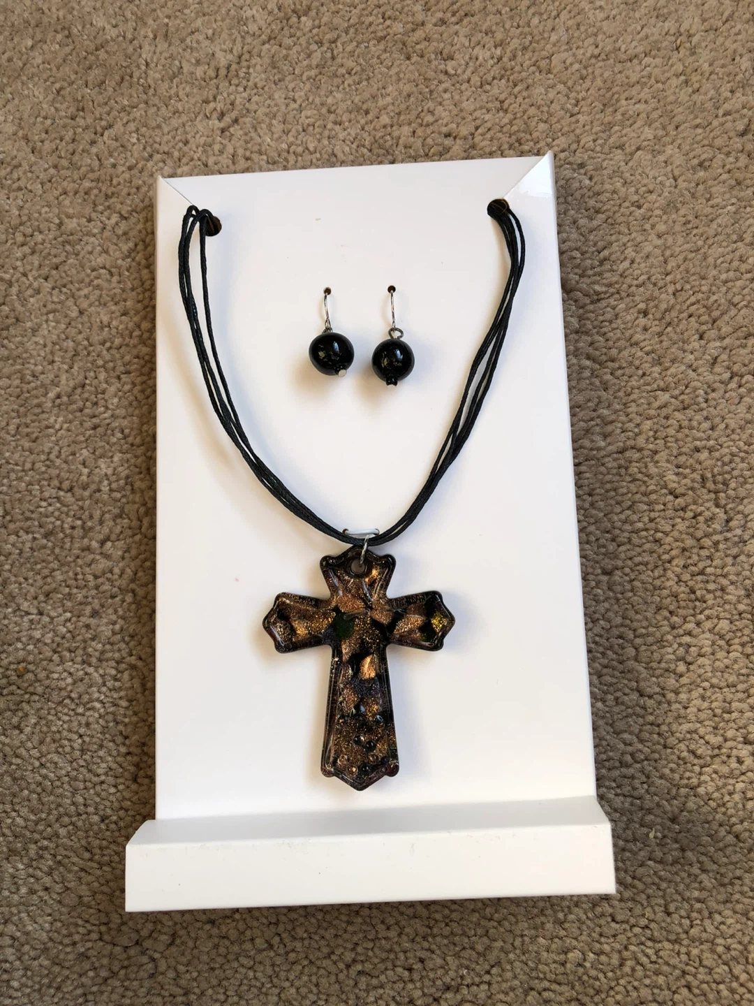 Hand Blown Glass Cross Necklace and Earring Set, never worn - photo 2
