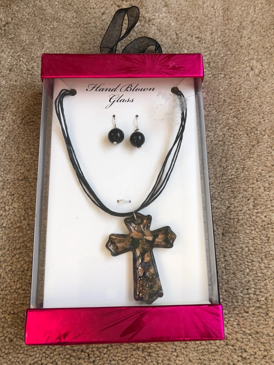 Hand Blown Glass Cross Necklace and Earring Set, never worn