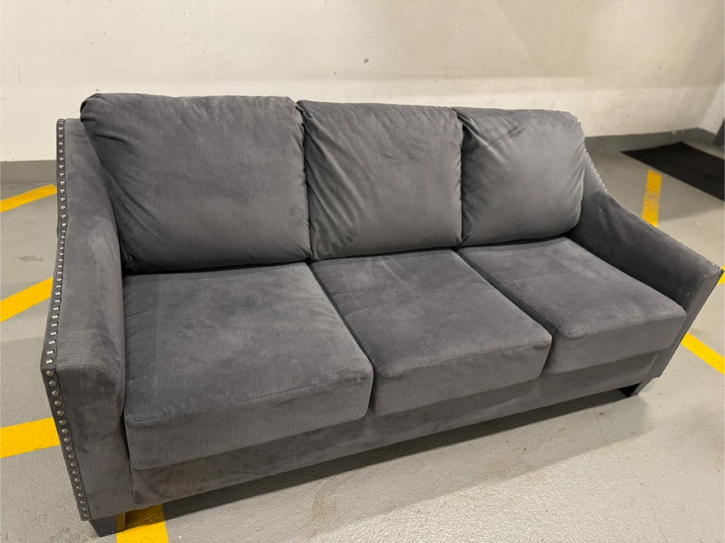 Grey 3-Seater Sofa with Studded Arms