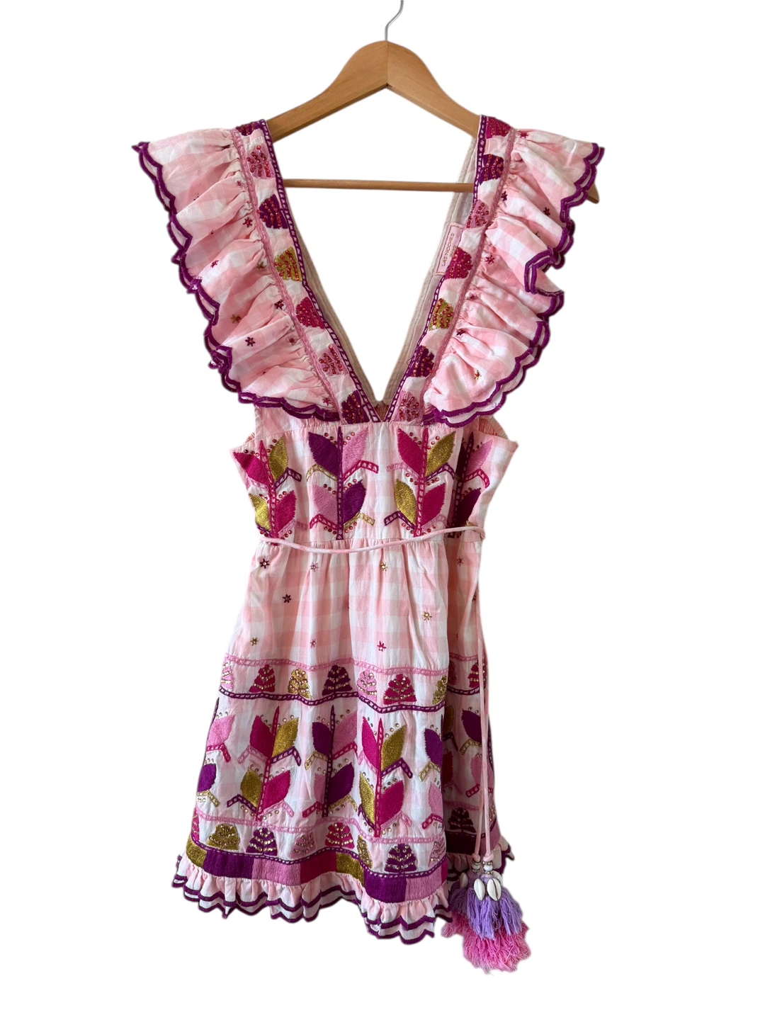 Pink Gingham Embroidered Ruffle Dress