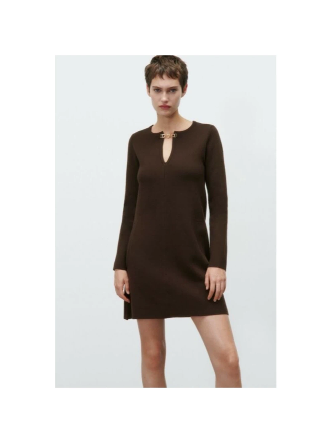 Zara Brown Knit Mini Dress w/ Chain Detail (New)
