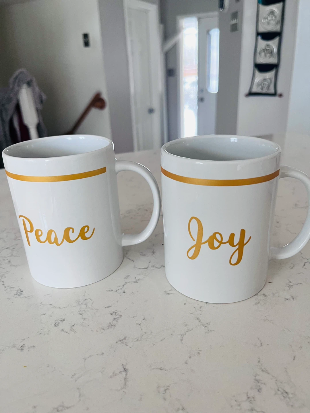 2 White Mugs with Gold "Peace" and "Joy" Text