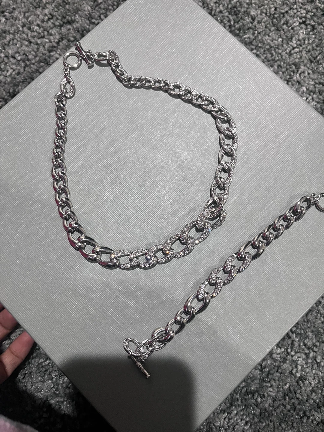 Silver Chain Necklace and Bracelet Set with Rhinestones