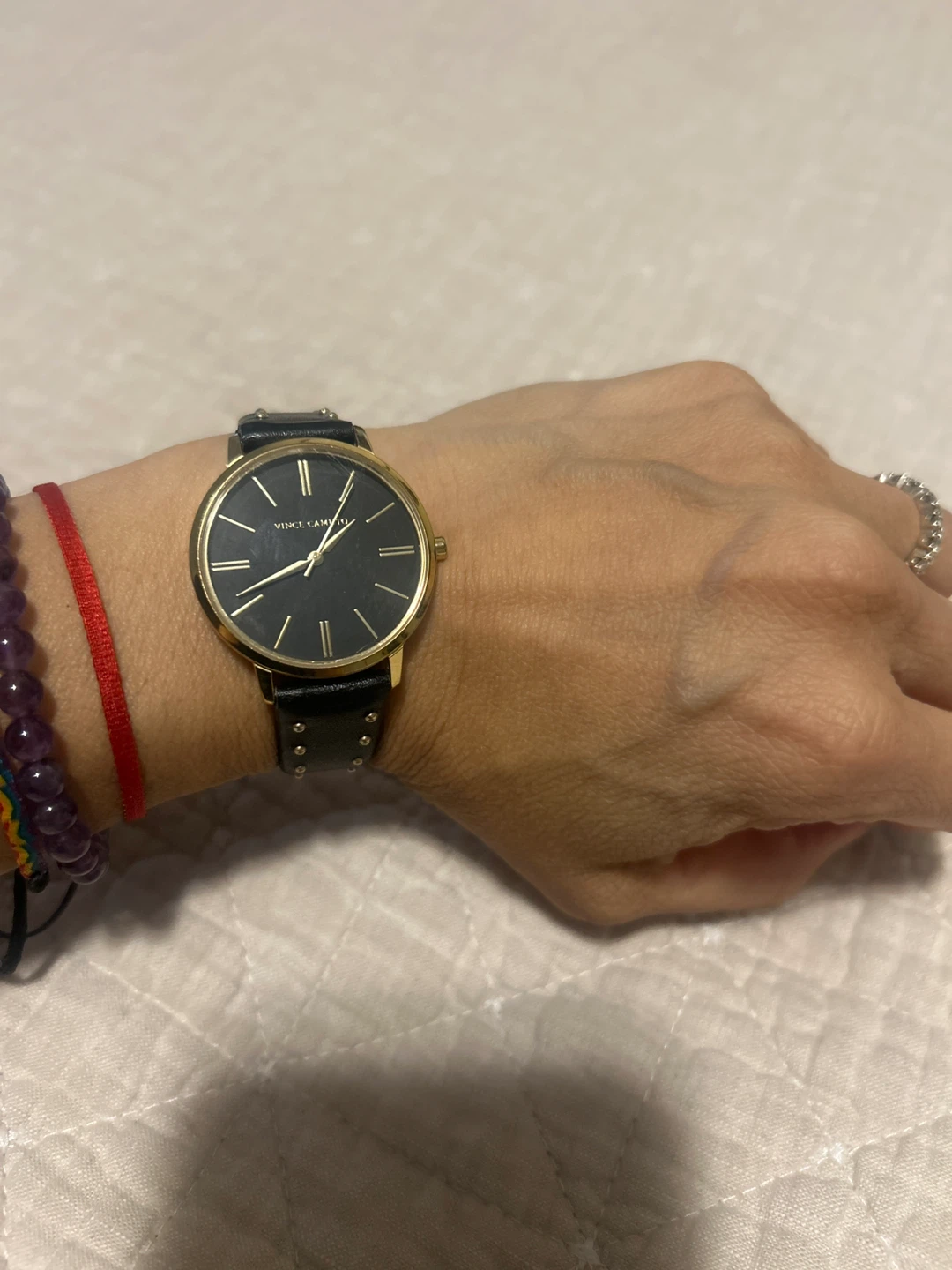 Vince Camuto Black Leather Studded Strap Watch