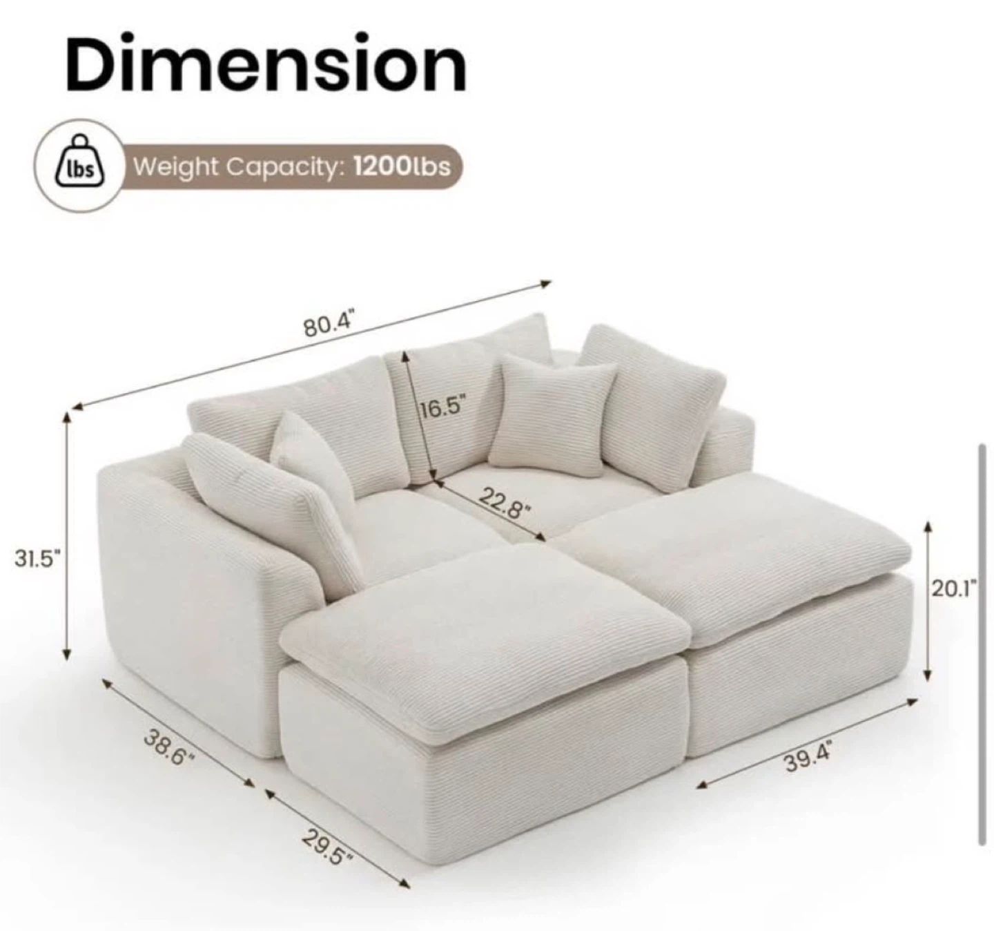 White Corduroy Sectional Sofa with Ottoman - photo 3