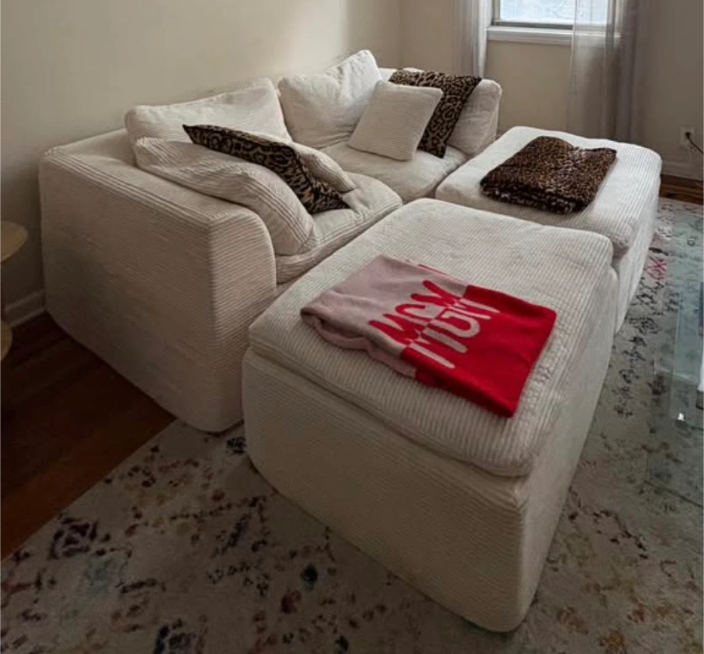 White Corduroy Sectional Sofa with Ottoman - photo 2