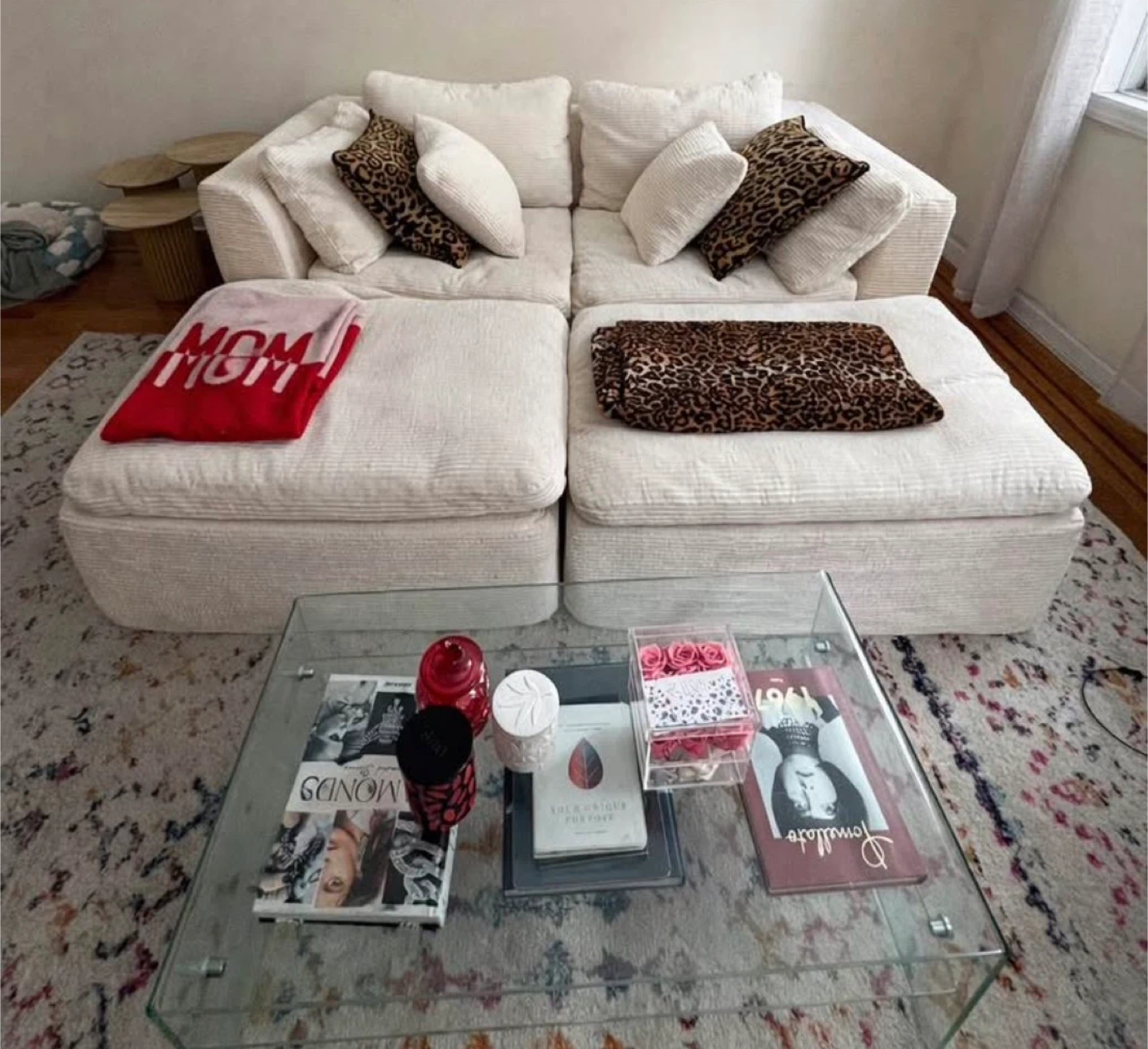 White Corduroy Sectional Sofa with Ottoman