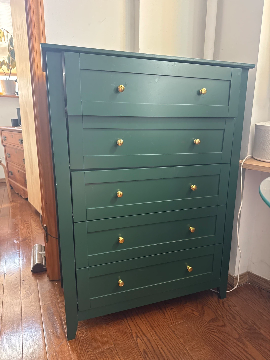 Green 5-Drawer Dresser with Gold Knobs
