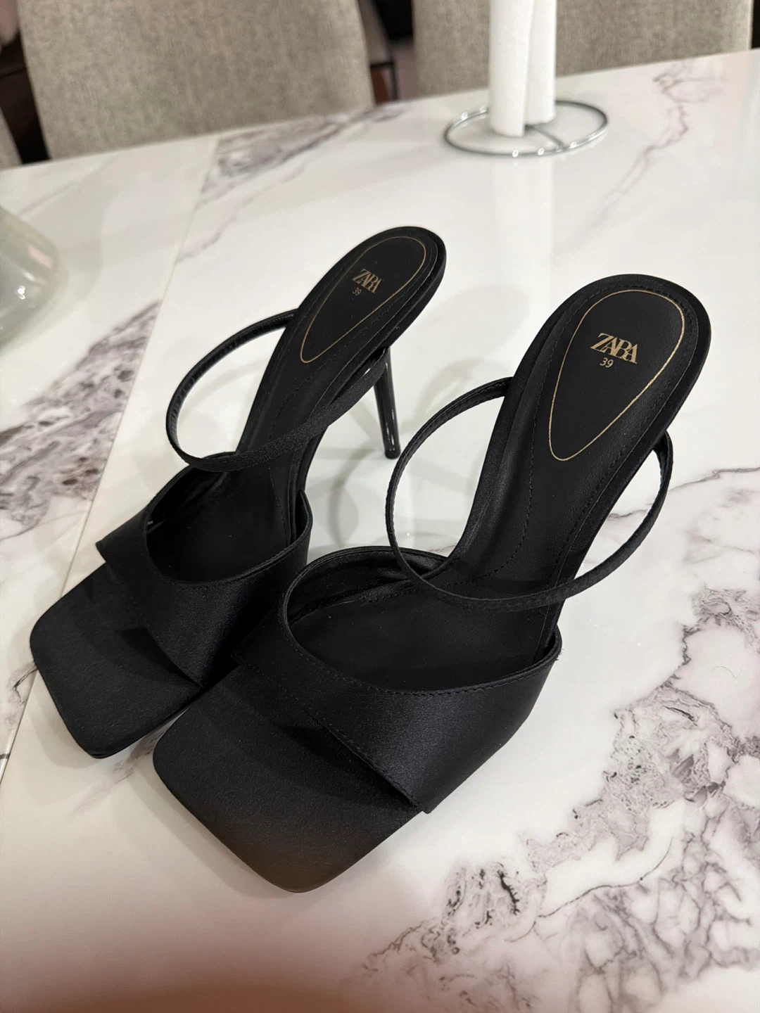 ZARA Black Satin Heeled Sandals Size 39