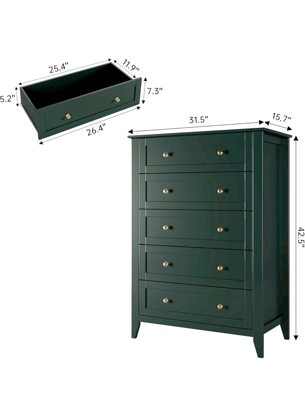 Green 5-Drawer Dresser with Gold Knobs - photo 4
