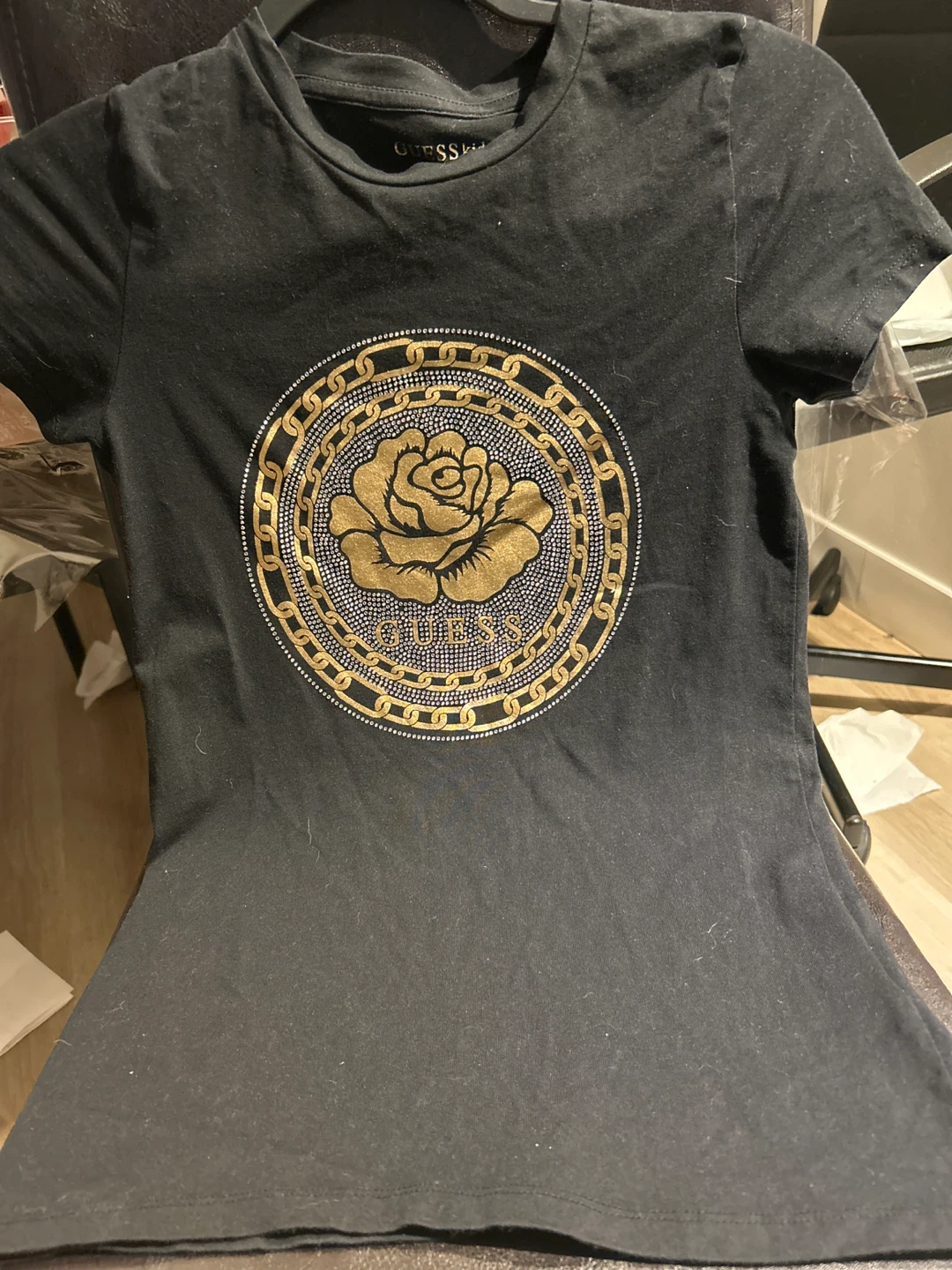 Guess Black T-Shirt with Gold Rose Graphic