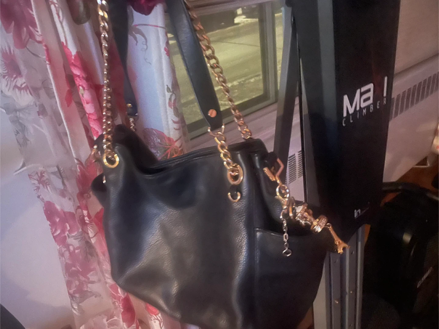 Black Leather Shoulder Bag with Gold Chain