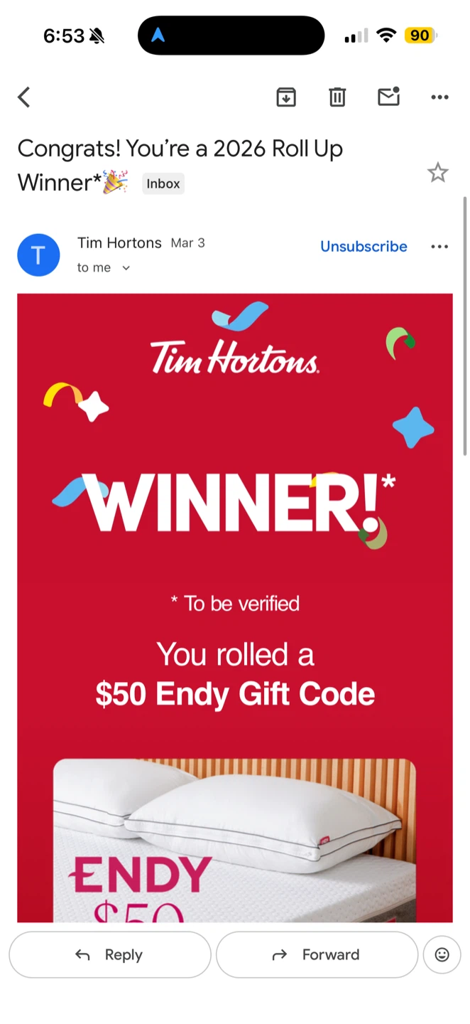 $50 Endy Gift Code – Won from Tim Hortons Roll Up