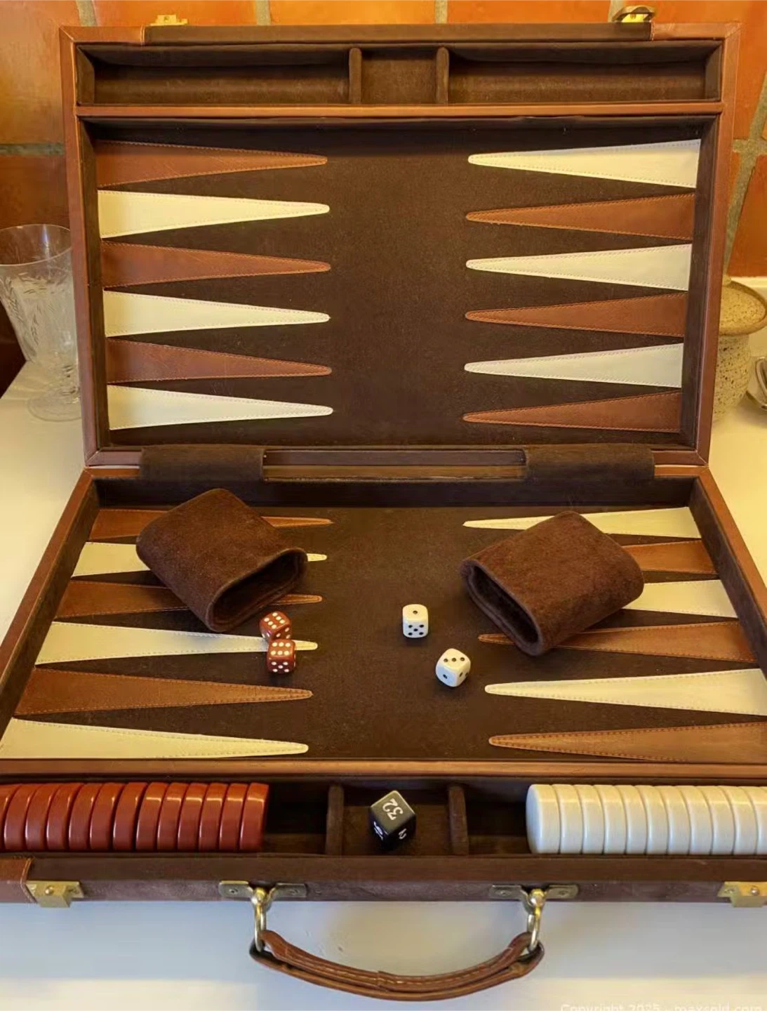 Brown Suede and Leather Backgammon Set