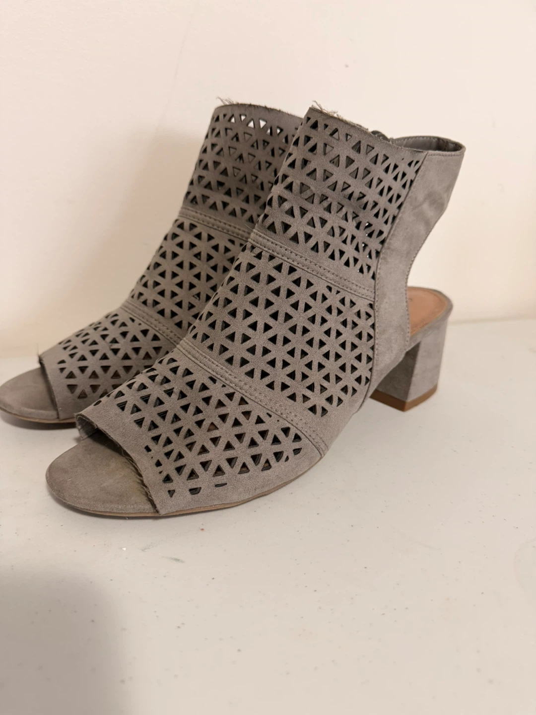 Grey Peep Toe Cutout Booties - Size 8
