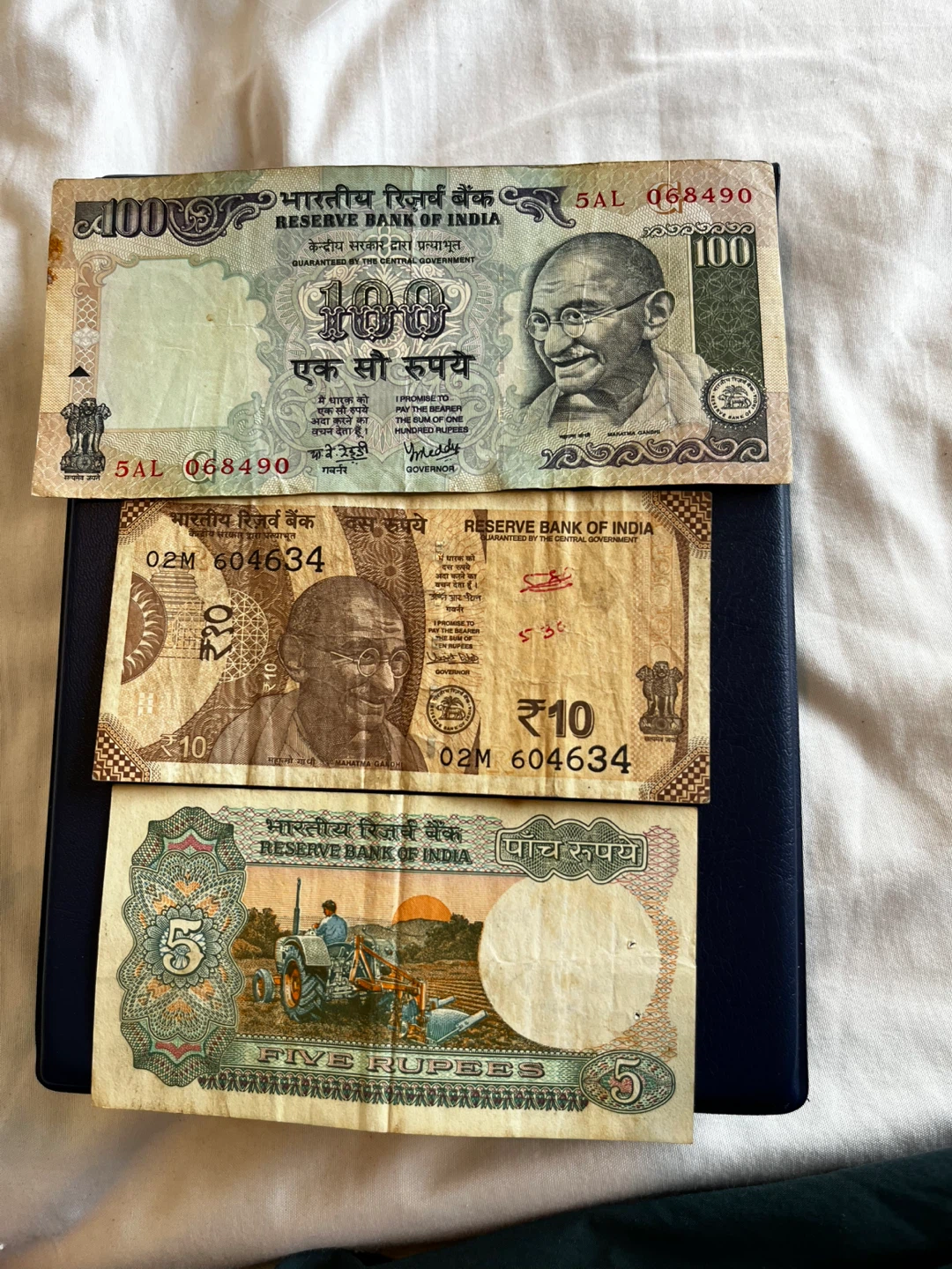 Vintage Indian Rupees Banknotes - 100, 10, and 5