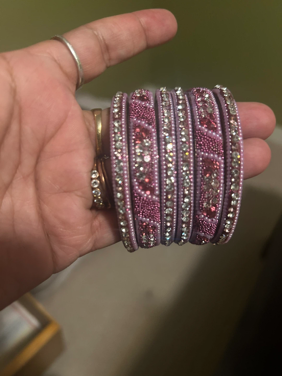 Set of 6 Embellished Bangles - Pink and Silver
