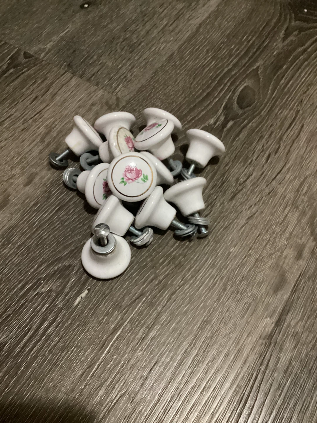 Vintage Set of 12 Ceramic Drawer Knobs with Rose Design
