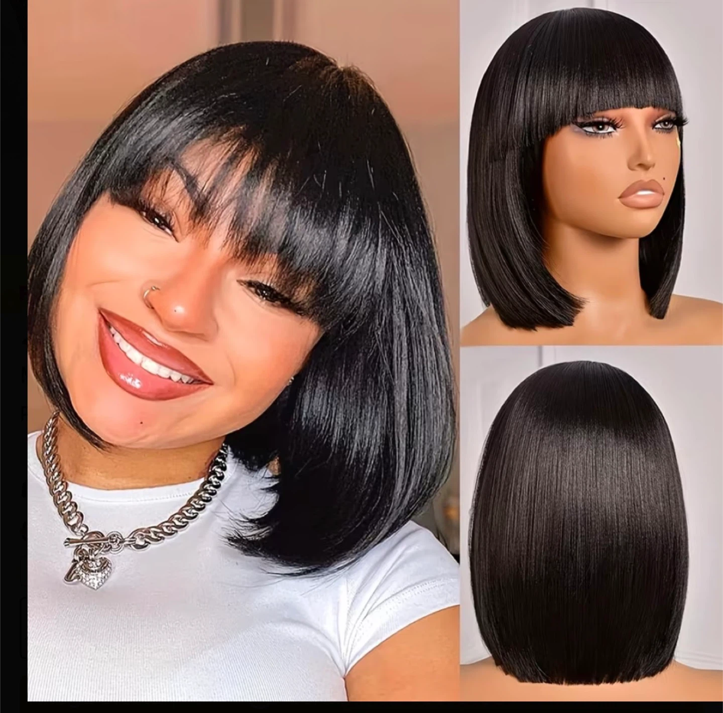Black Bob Wig with Bangs - 12 Inch