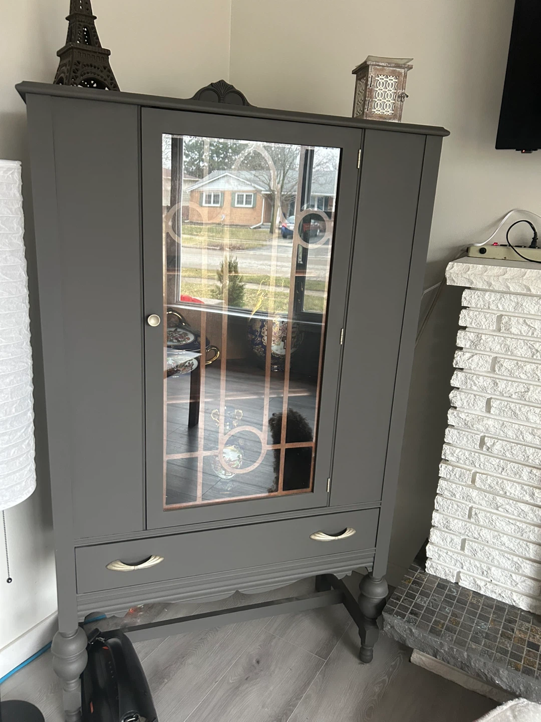 Grey China Cabinet with Glass Door and Drawer