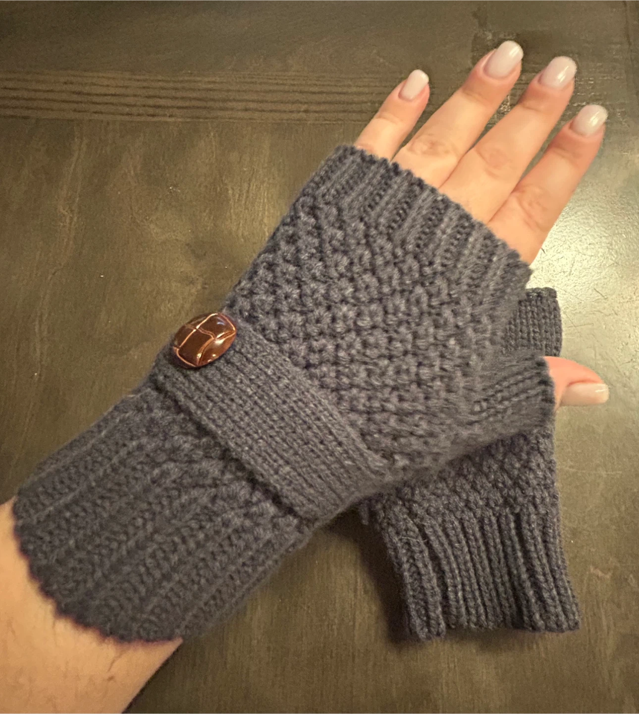 Grey Knit Fingerless Gloves with Button Detail - photo 3
