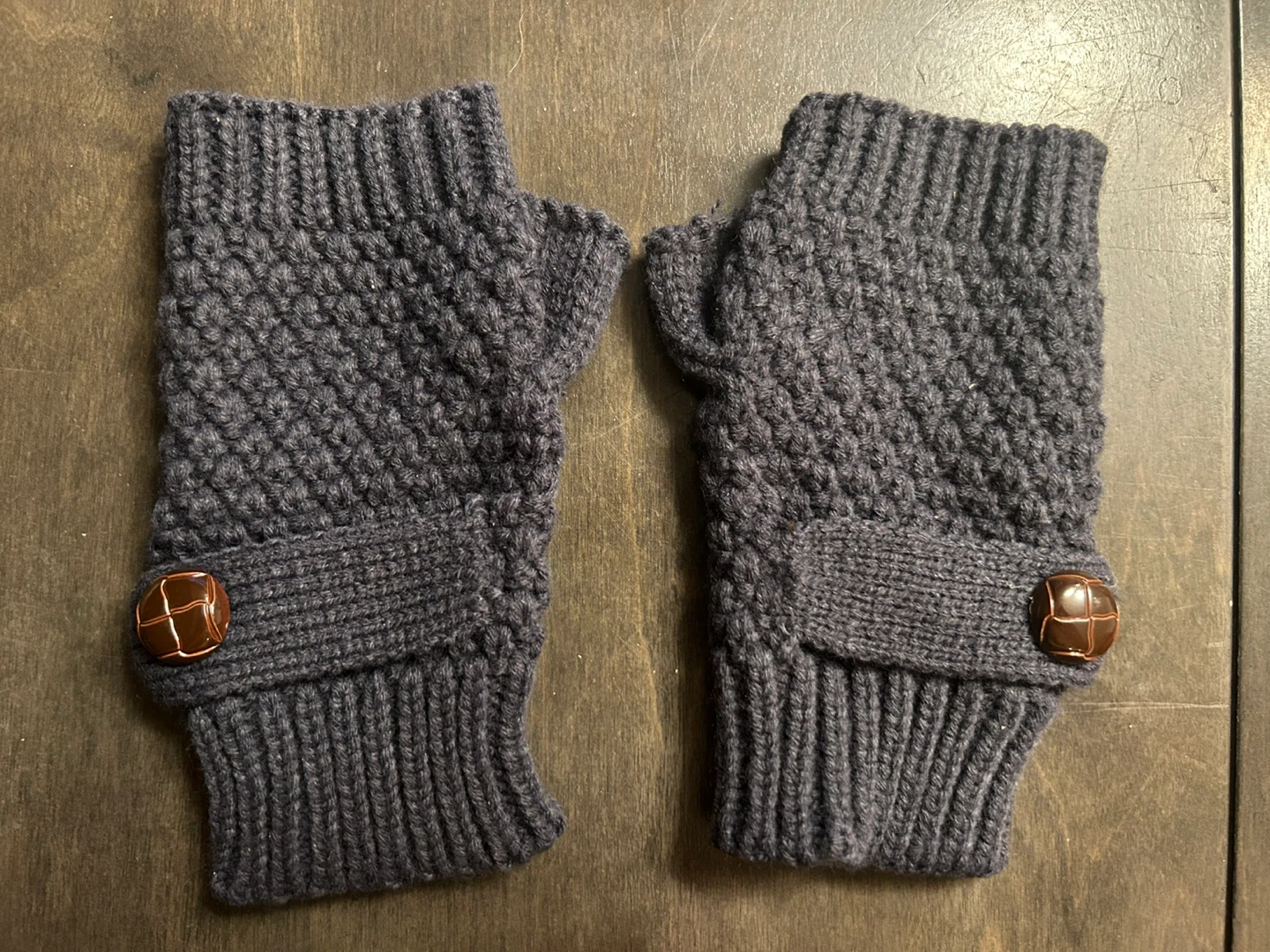 Grey Knit Fingerless Gloves with Button Detail