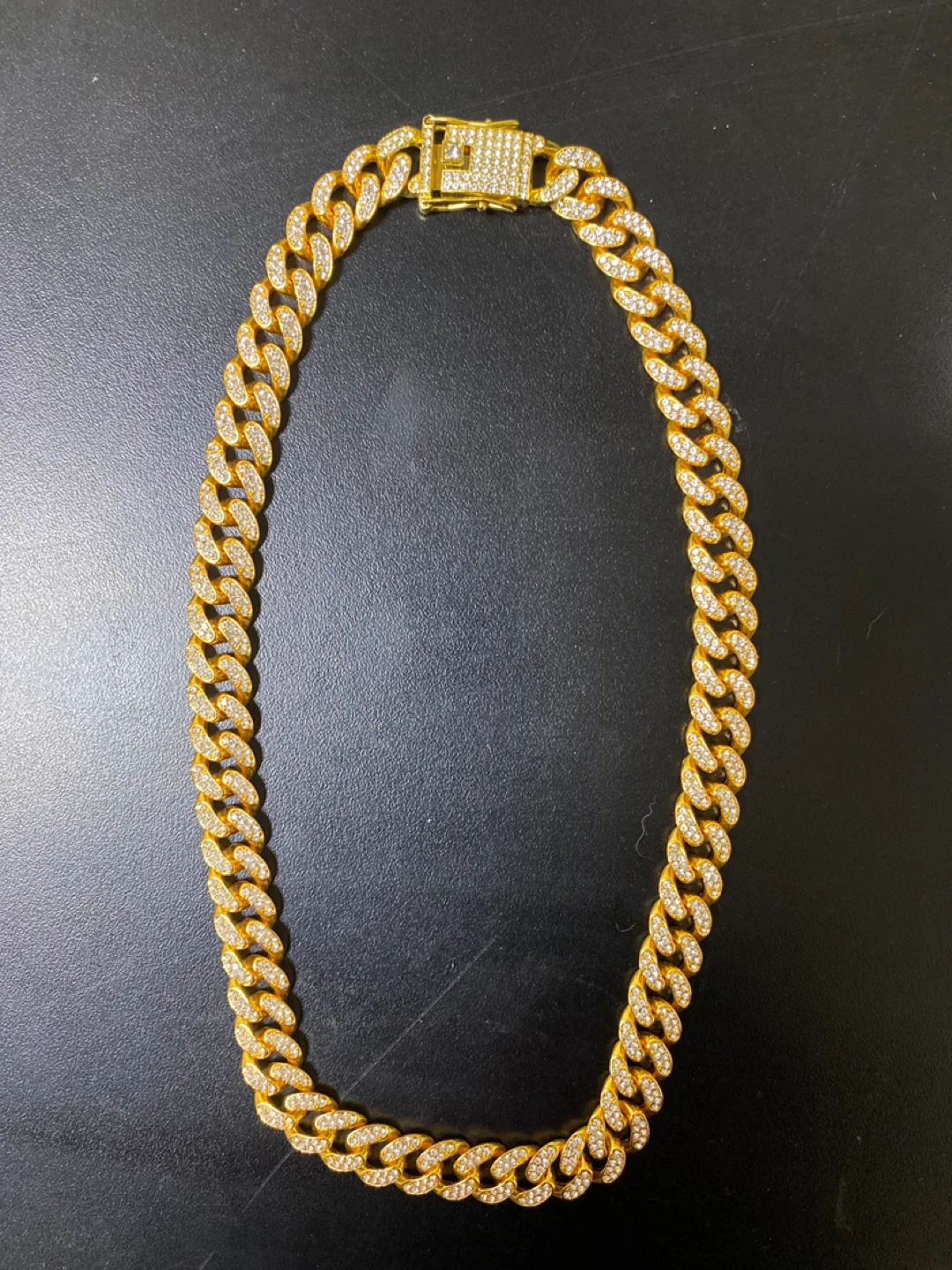 Gold Cuban Link Chain Necklace with Rhinestones