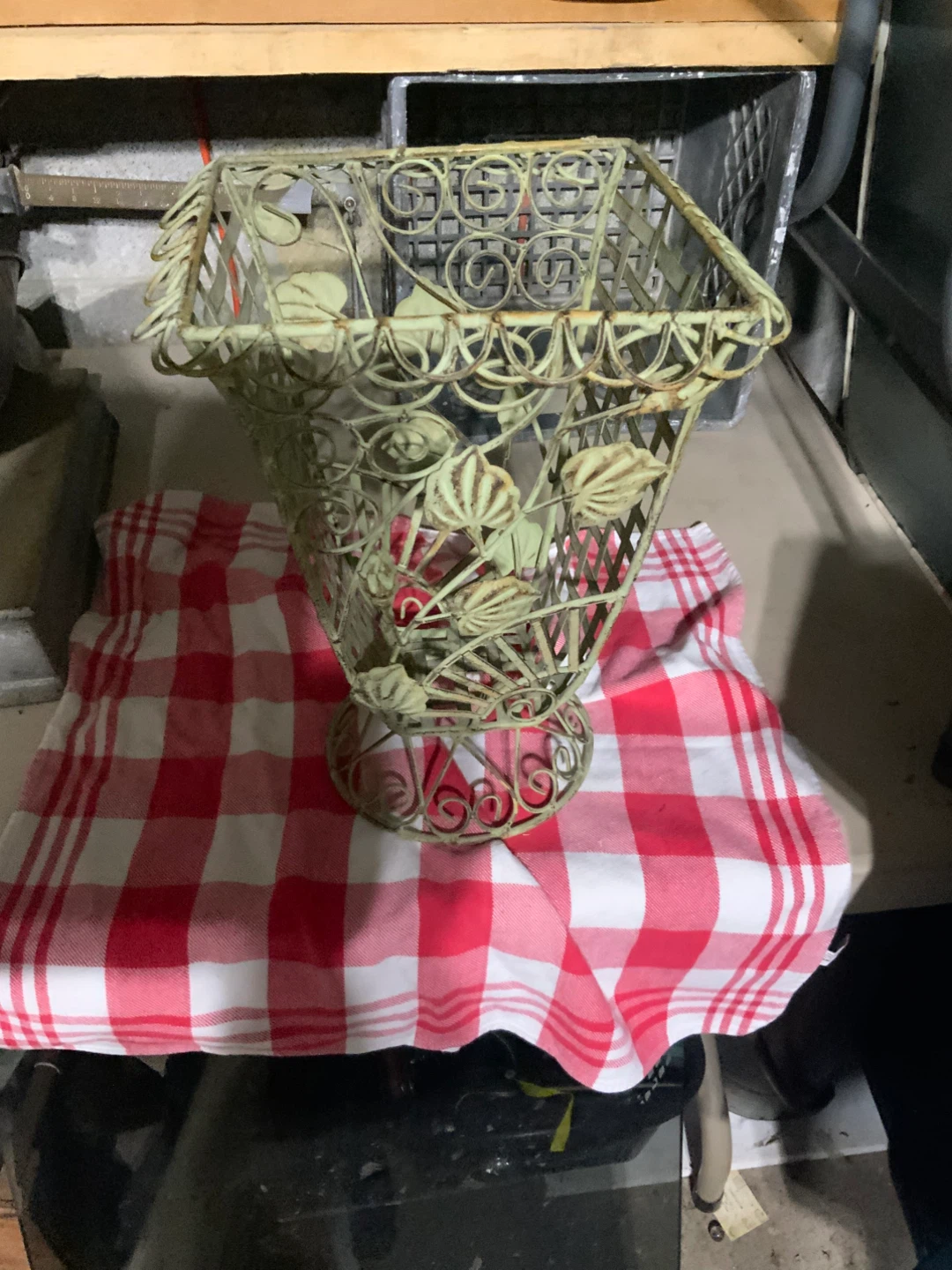 Vintage Metal Basket with Leaf Design