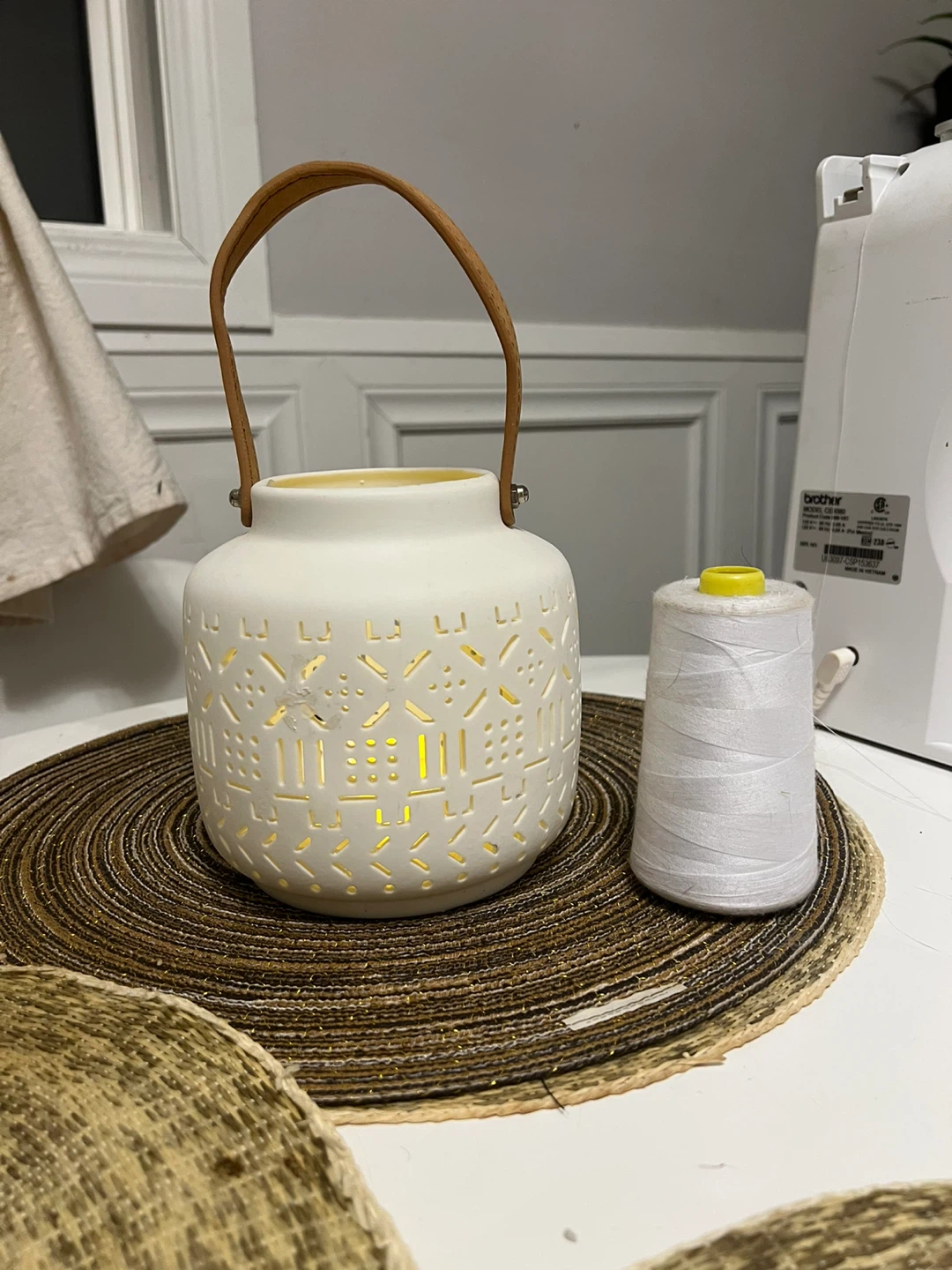 White Ceramic Lantern with Leather Handle