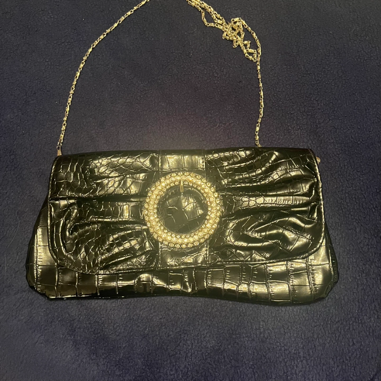 Black patent clutch style purse with chain
