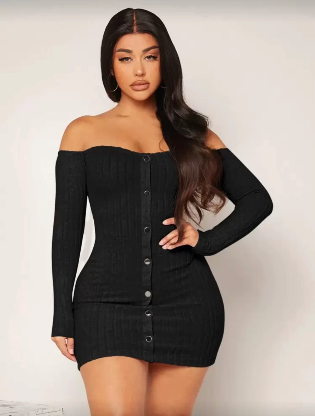 Black Off-the-Shoulder Button-Up Mini Dress
