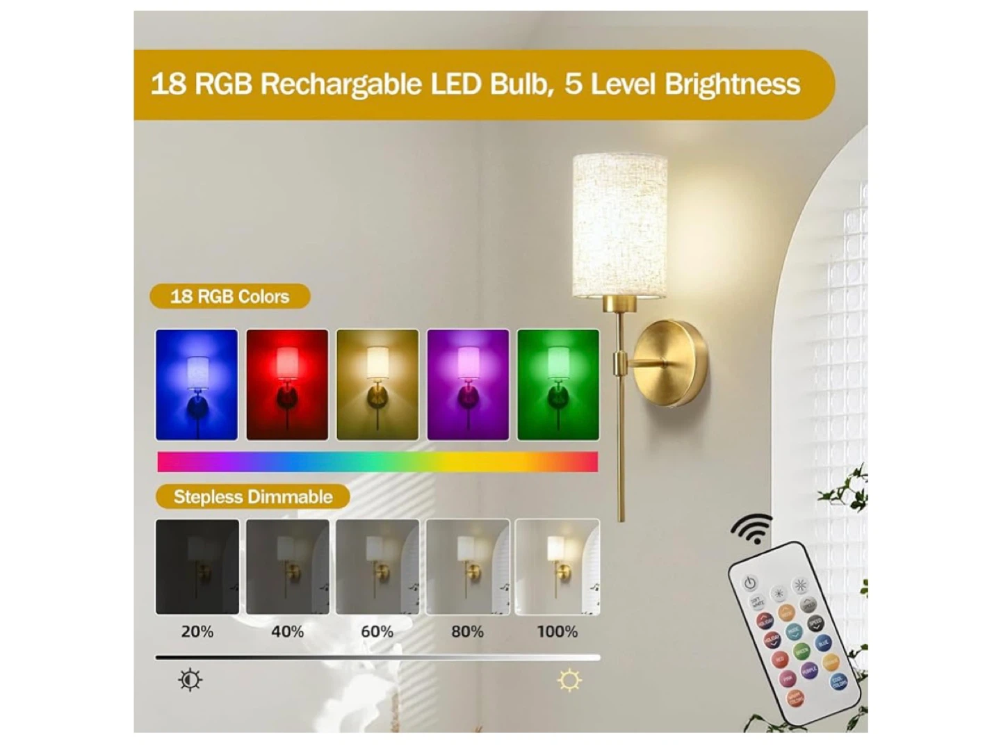 2x Brass Wall Sconces with RGB Rechargeable LED Bulbs and Remote - photo 4