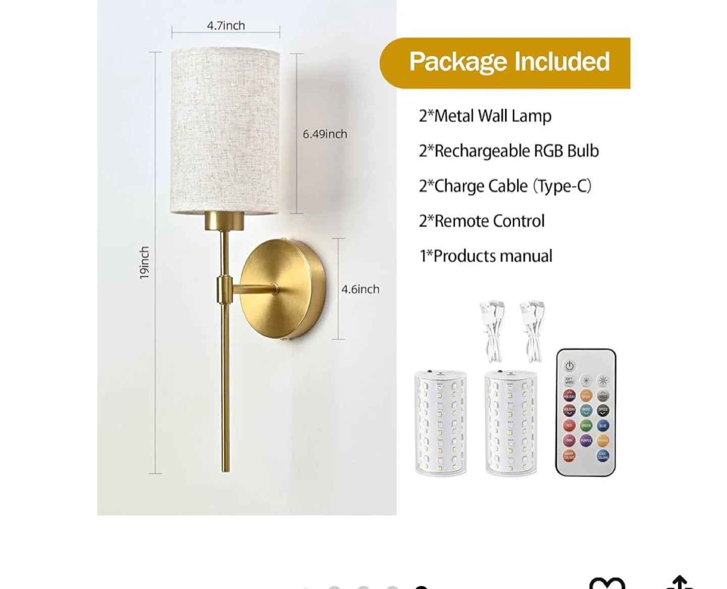 2x Brass Wall Sconces with RGB Rechargeable LED Bulbs and Remote