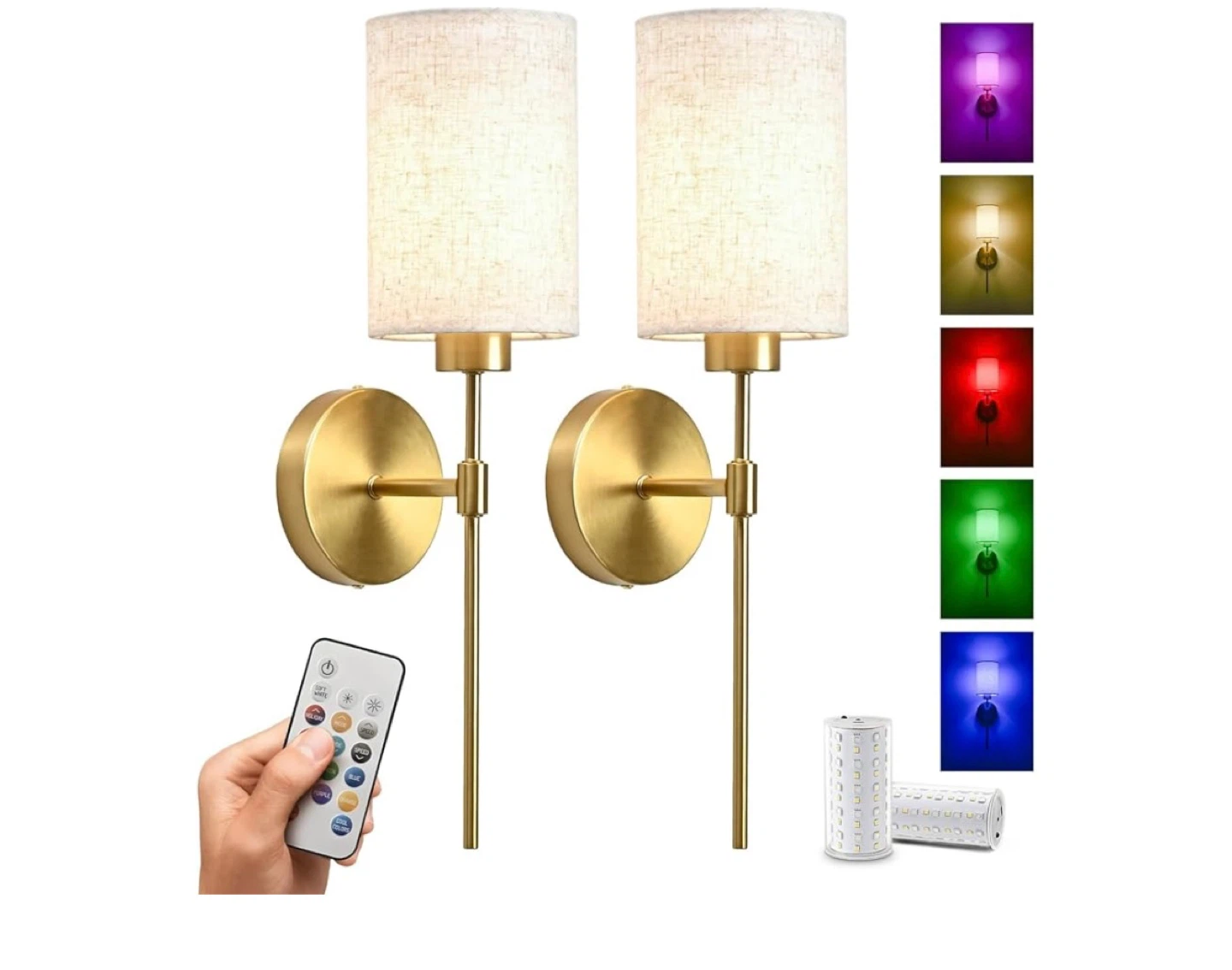 2x Brass Wall Sconces with RGB Rechargeable LED Bulbs and Remote - photo 2