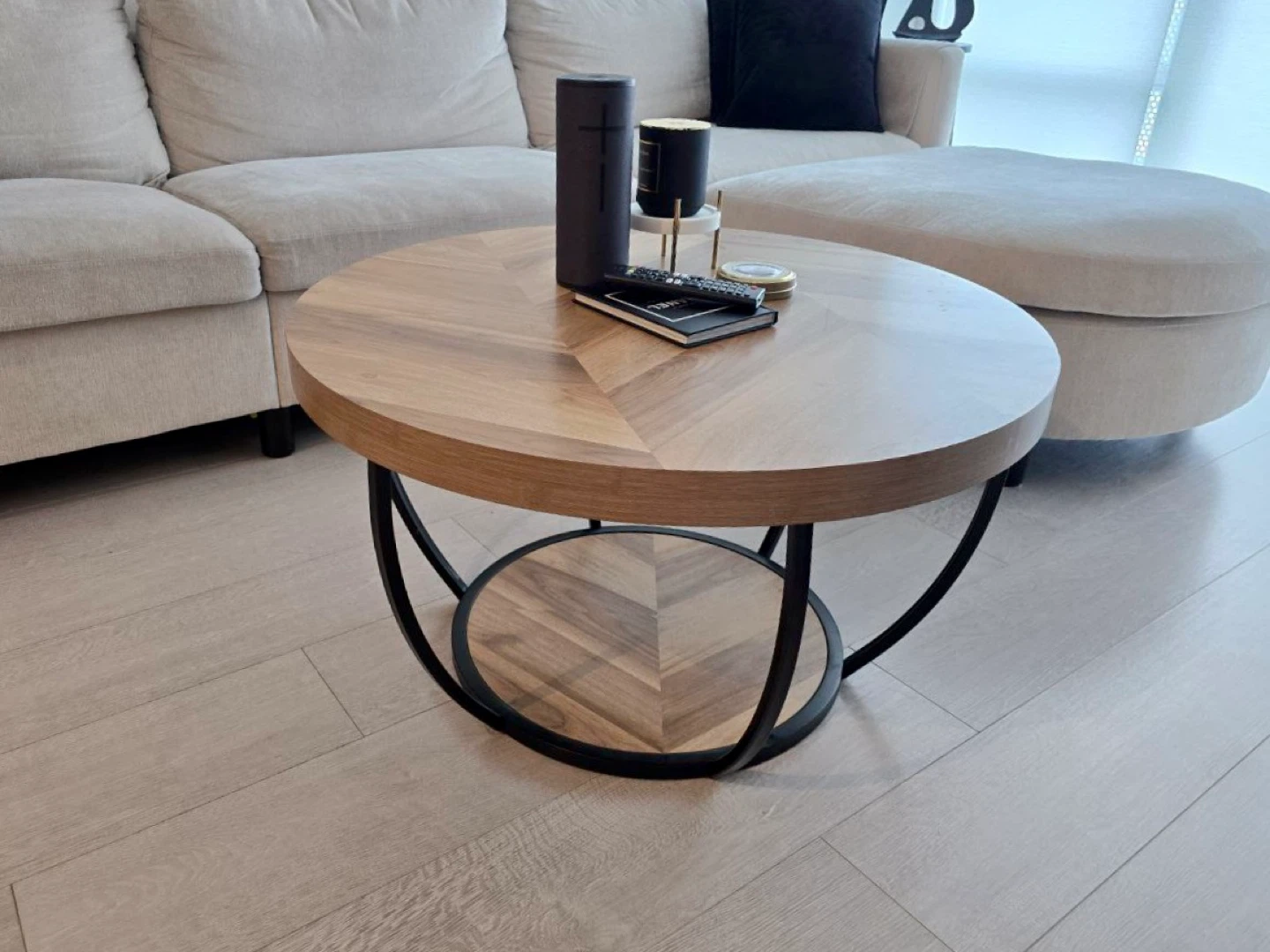Round Wood Coffee Table with Herringbone Pattern