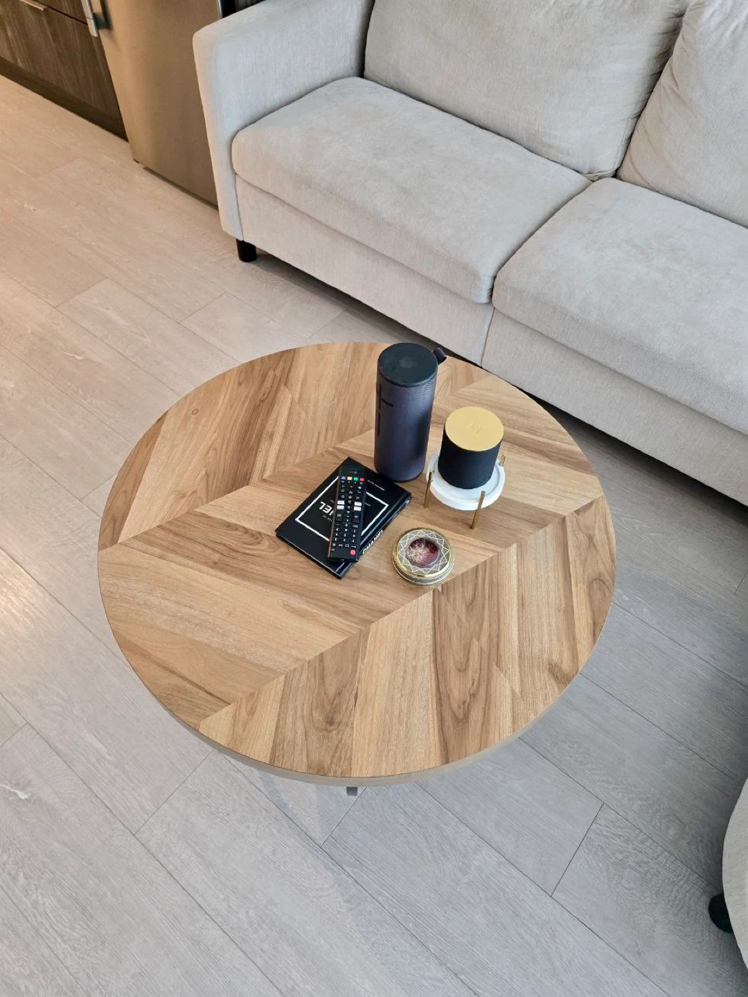 Round Wood Coffee Table with Herringbone Pattern - photo 3