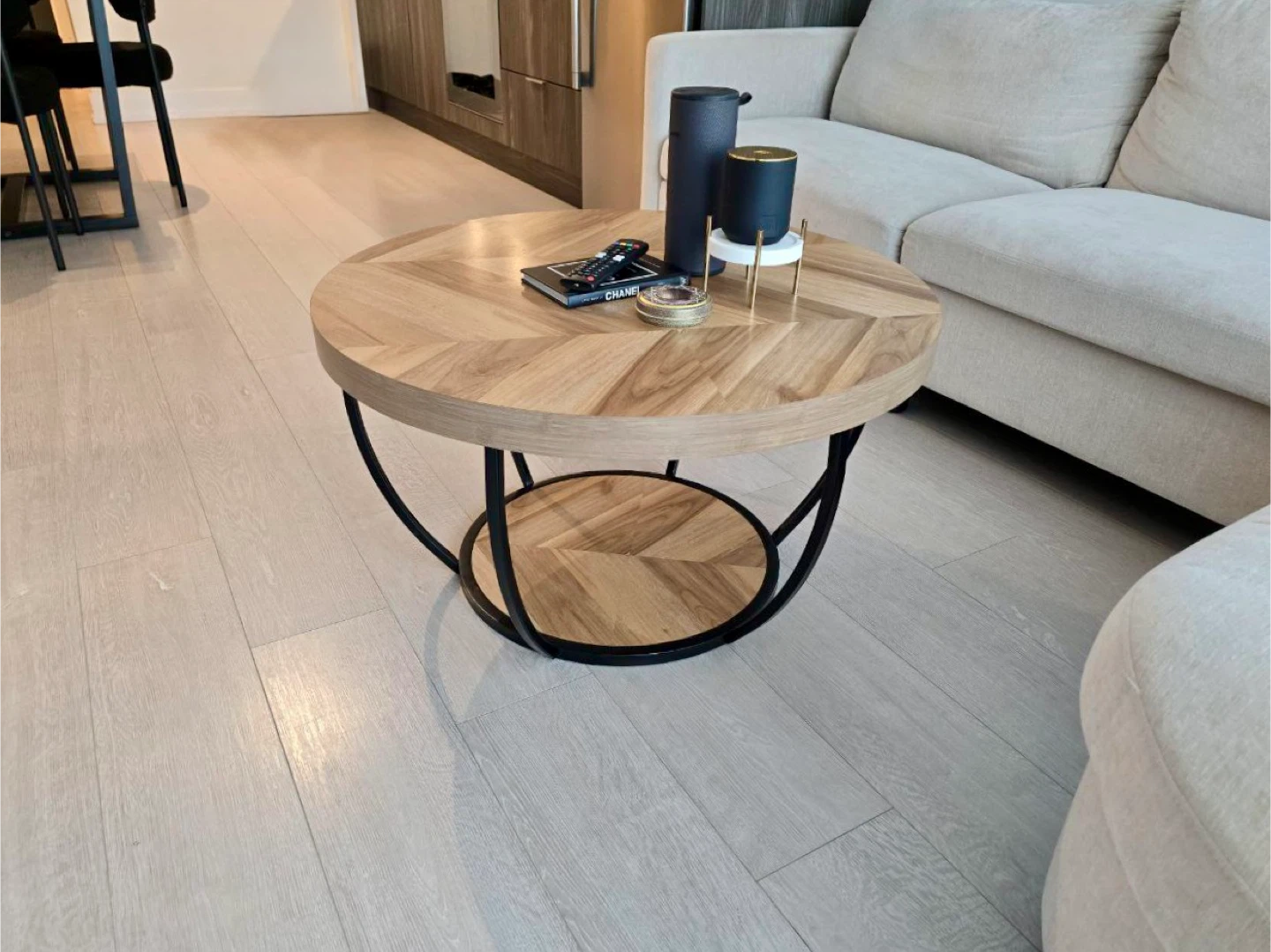 Round Wood Coffee Table with Herringbone Pattern - photo 2