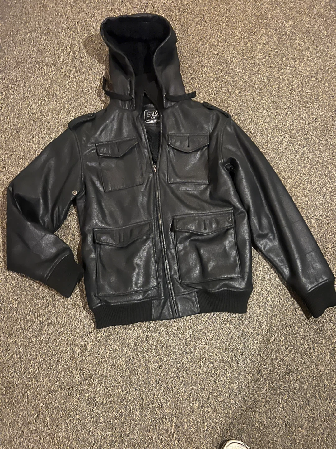 CSG Black Faux Leather Bomber Jacket Size M