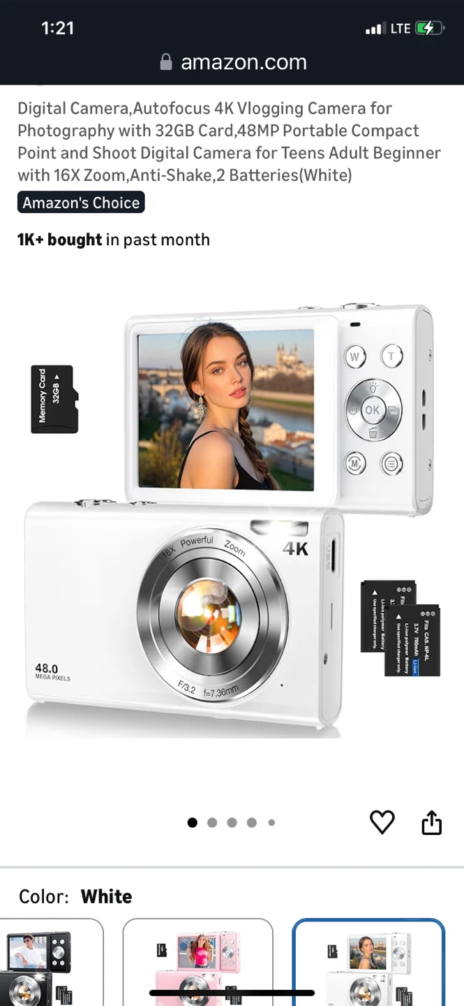Big Sale-White 4K Vlogging Digital Cam with 16x Zoom,2 Batteries