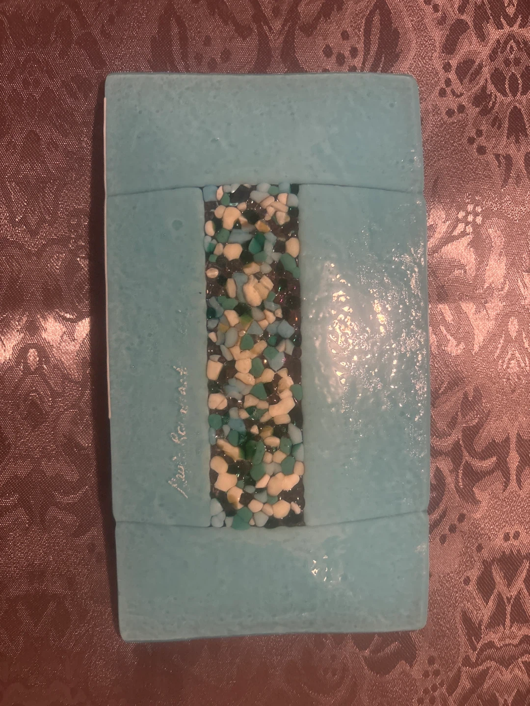 Teal Fused Glass Dish with Decorative Stones - photo 3