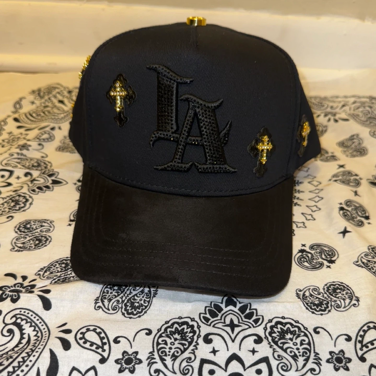Black LA Snapback Hat with Rhinestone Accents
