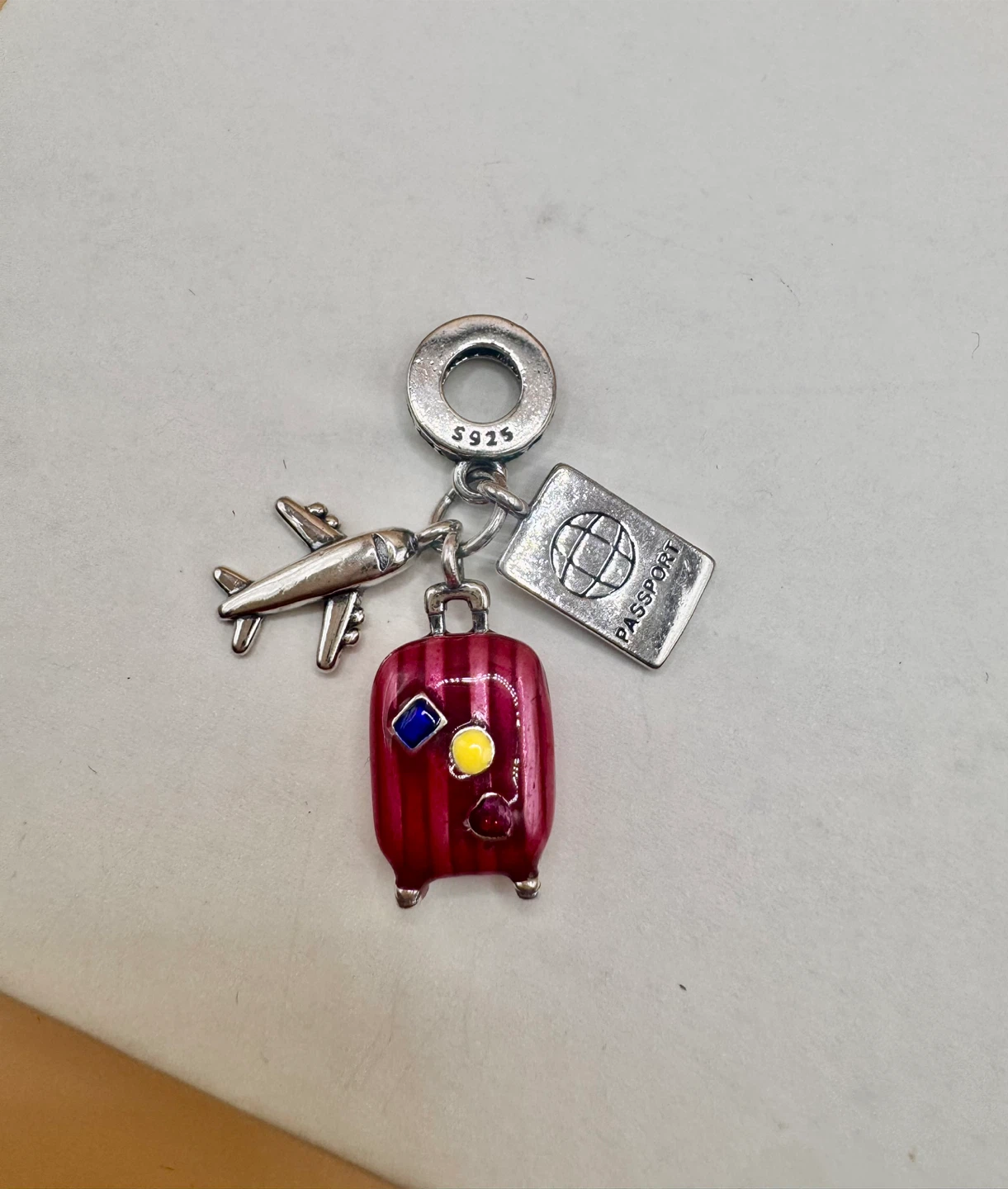Travel Charm with Airplane, Suitcase, and Passport