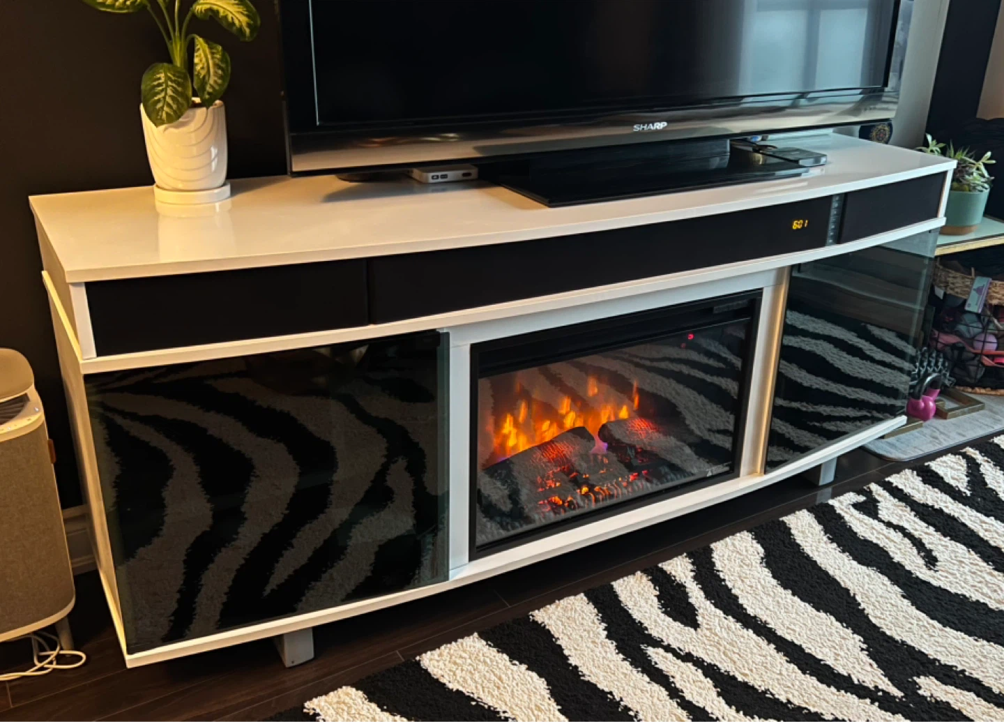 White Media Console with Electric Fireplace