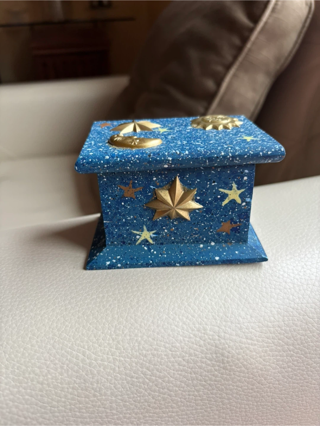 Blue Speckled Wooden Keepsake Box with Celestial Design