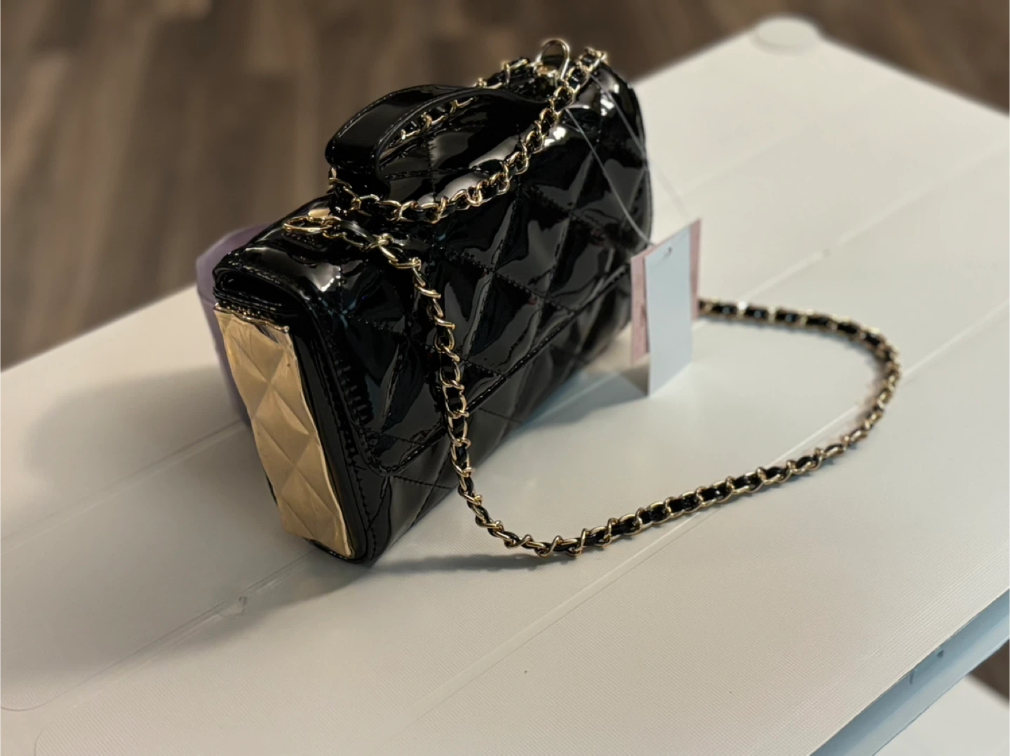 Black Patent Quilted Mini Handbag with Gold Chain - photo 2