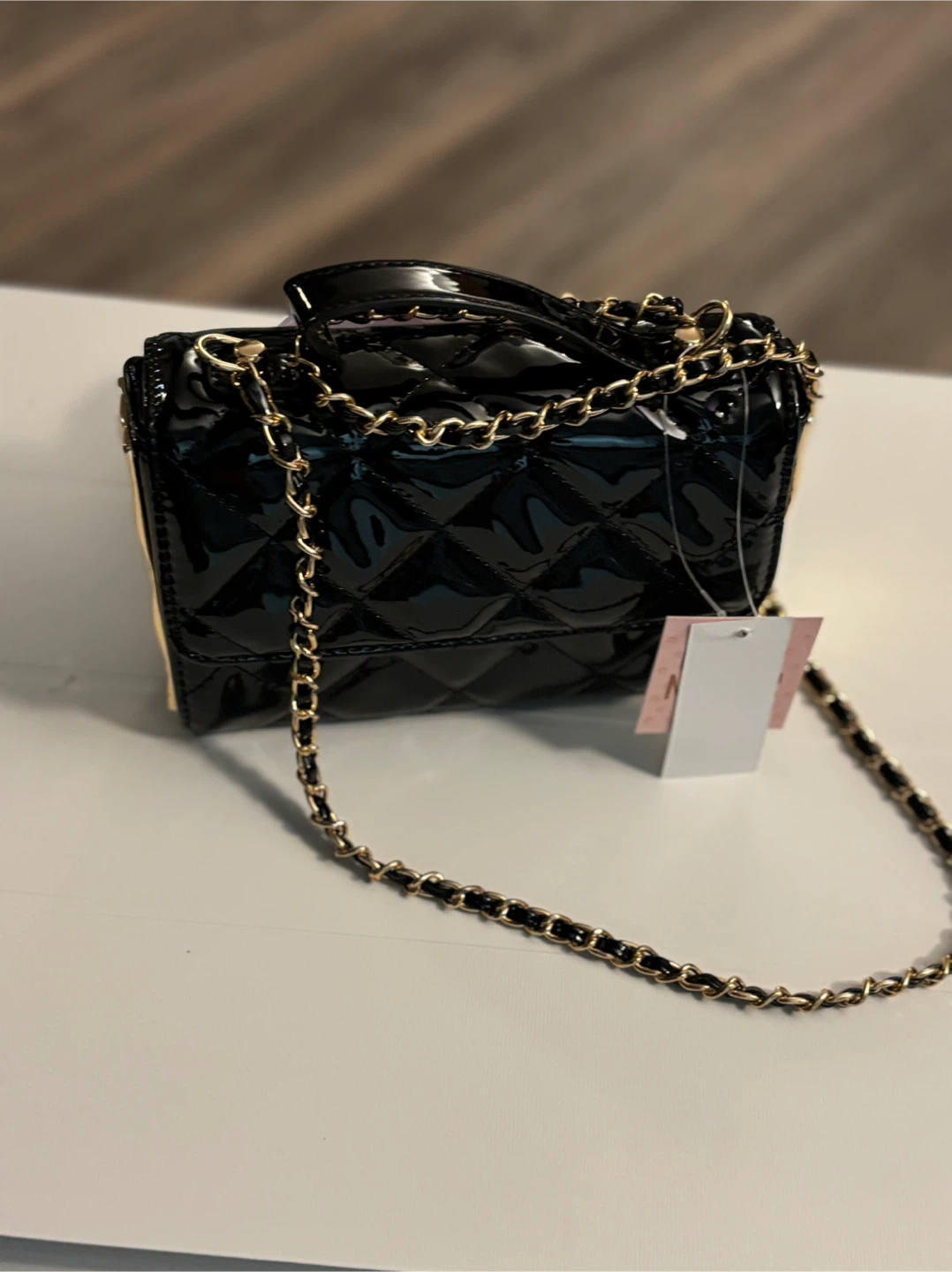 Black Patent Quilted Mini Handbag with Gold Chain