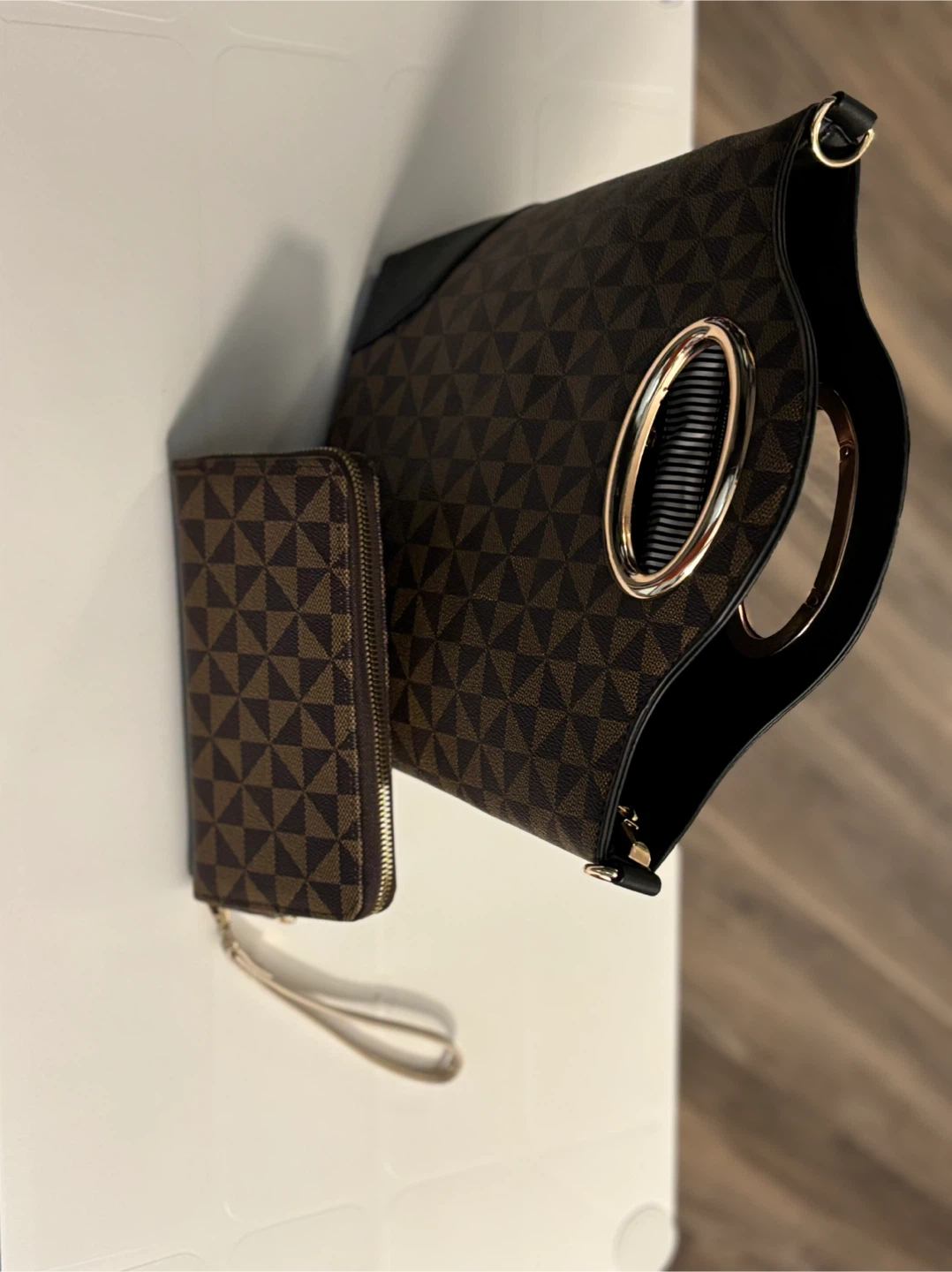 Brown Monogram Print Handbag and Wallet Set - photo 2