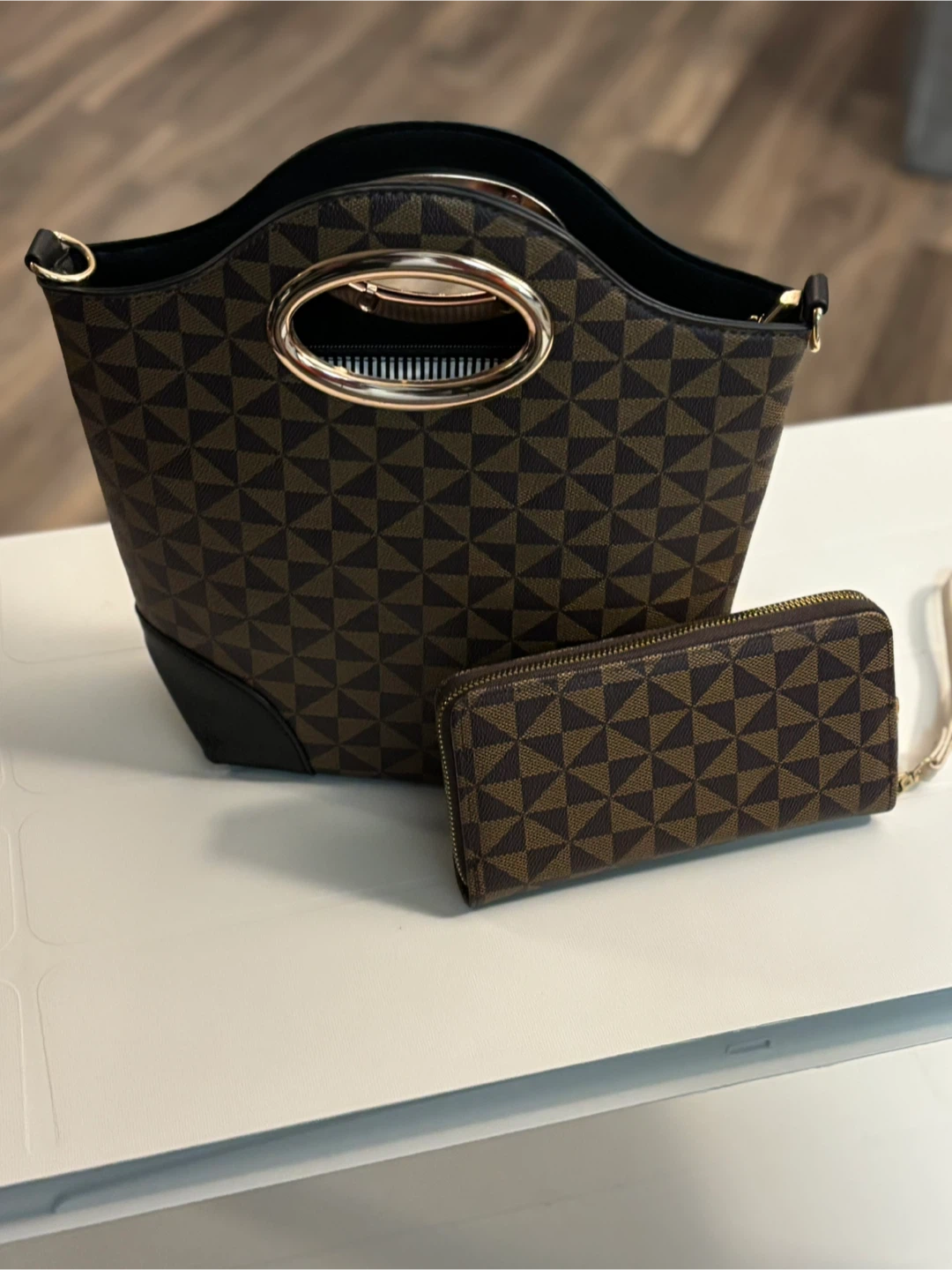 Brown Monogram Print Handbag and Wallet Set