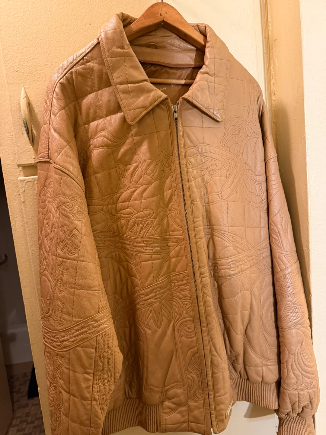 Tan Leather Jacket with Embossed Design - photo 4