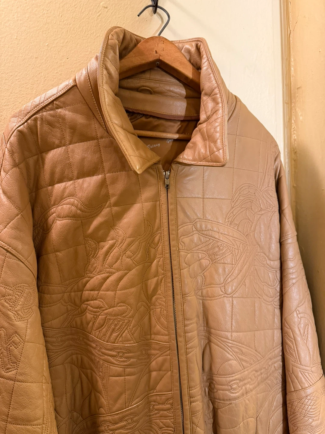Tan Leather Jacket with Embossed Design